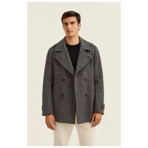 Massimo Dutti wool blend plaid‎ double breast coat Size 44 Gray